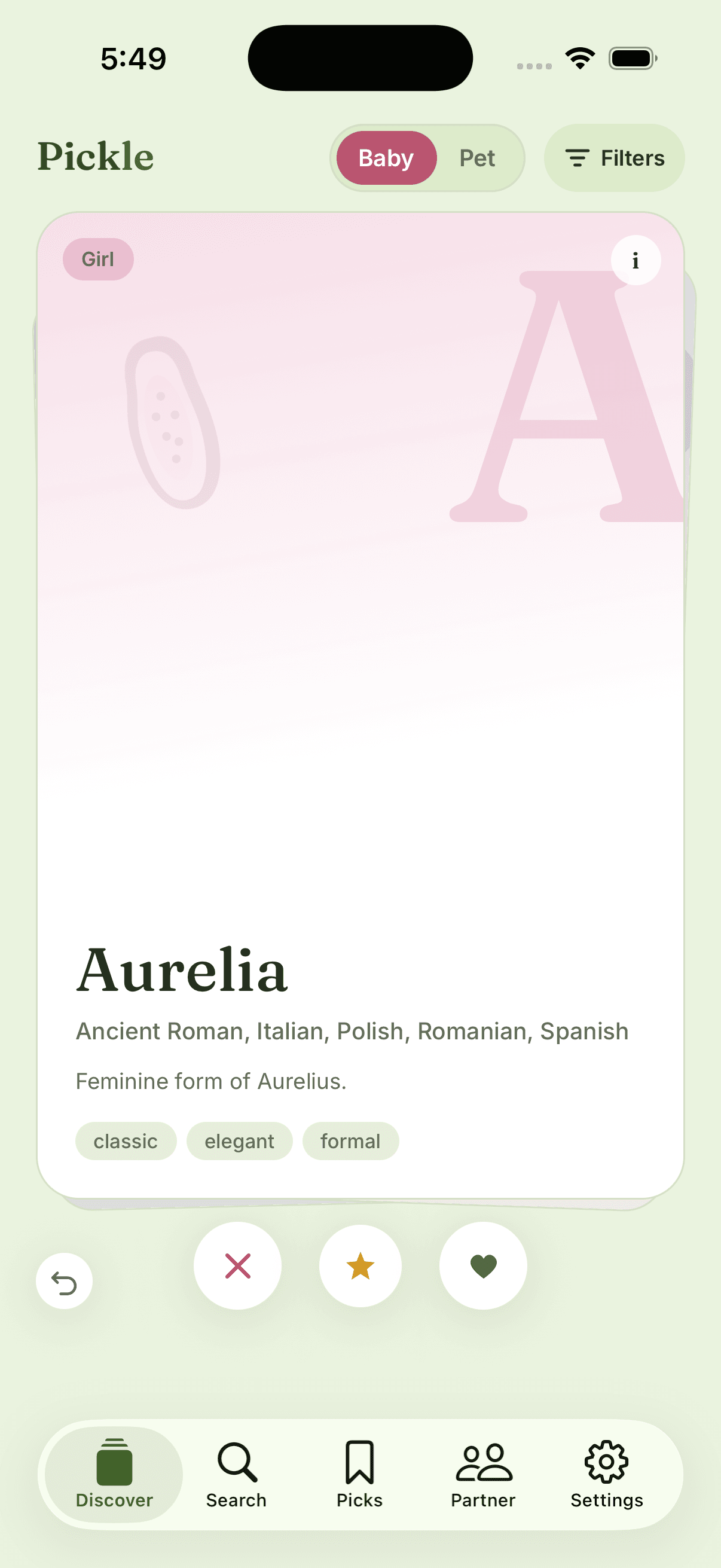 The Pickle app showing the Discover screen with a name card for Aurelia, its origin, meaning, style tags, and swipe actions